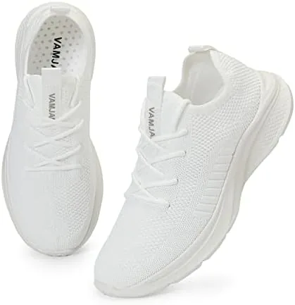 vamjam mens running shoes fashion sneakers lightweight breathable flying knitting lace up mesh walking shoes workout casual sports shoes white size 12